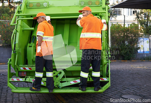 Image of Garbage collector, service and truck for waste management and teamwork with routine and cleaning the city. Road, recycling and environment with transportation and green energy with trash or street