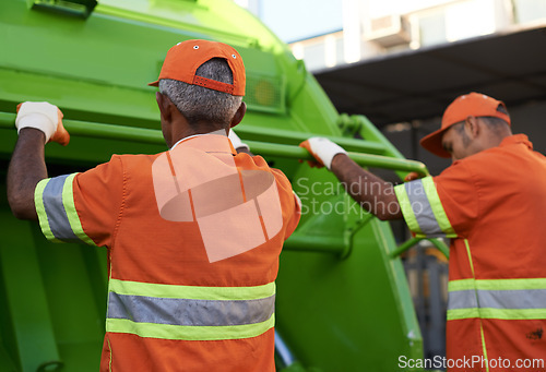 Image of Garbage collector, men and truck for waste management and teamwork with routine and cleaning the city. Employees, recycle and environment with transportation and green energy with trash and service