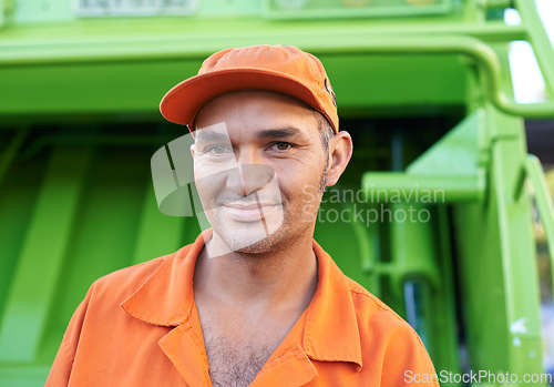 Image of Male, garbage collector and dump truck smiling portrait, sanitation and municipal worker for world clean up day. Waste management, pollution and trash pick up for recycling service and dirt removal