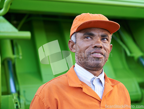 Image of Garbage, worker and dump truck for collection, thinking and protective uniform for pick up. Sanitation, employee or planning idea for waste management, municipal cleaning and environmental service