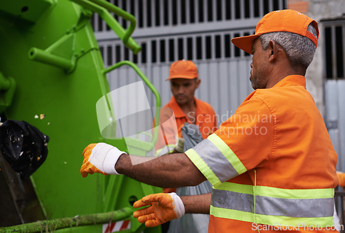 Image of City, trash and people with garbage truck working in waste management and maintenance service. Urban, cleaning and men outdoor with industrial sanitation, collection of rubbish and infrastructure