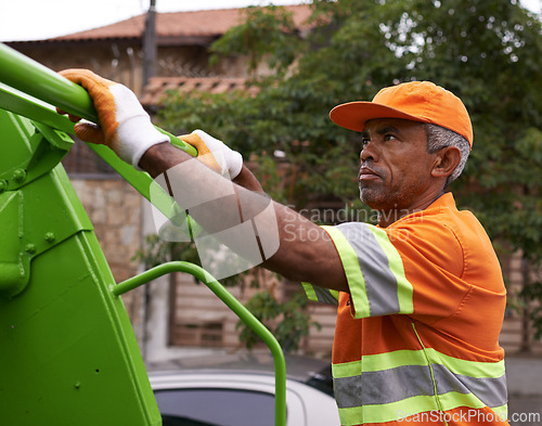 Image of City, worker and man with garbage truck for trash, waste management and maintenance service. Urban, cleaning and industrial person outdoor with rubbish collection, infrastructure and sanitation