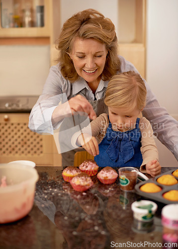 Image of Help, grandmother and child in kitchen for baking cupcake with sprinkle. Home, chef for growth and development with family and creativity for dessert ingredients, smile for fun activity apron