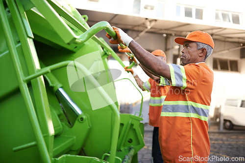 Image of Trash, waste management and garbage truck with men in uniform cleaning outdoor on city street. Job, service and male people working with rubbish for sanitation, maintenance or collection of dirt.