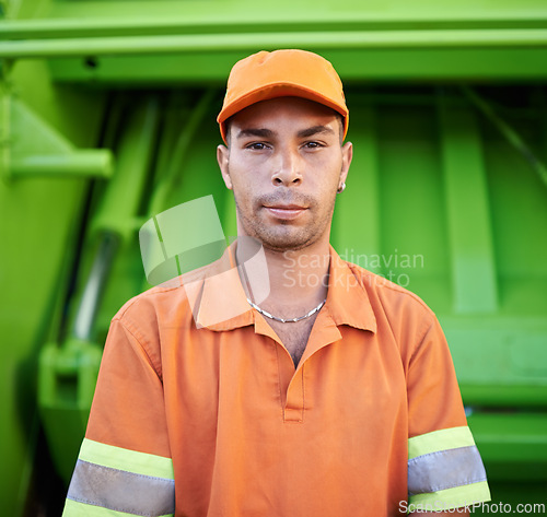 Image of Portrait, man and worker with garbage truck for trash collection in outdoor city street. Industry, maintenance and face of male person in uniform for dirt, rubbish or disposal service in town road.