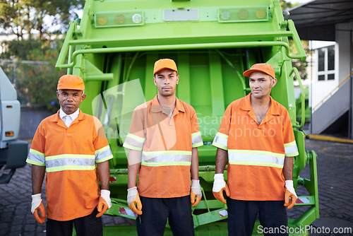 Image of Men, garbage truck and portrait or collection service in city or waste management or pollution, plastic or environment. Teamwork, face and dirt transportation in New York or sanitation, junk or trash