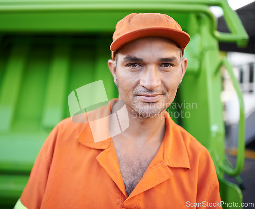 Image of Portrait, man and working with garbage truck for trash, outdoor and Cape Town. Male person, adult and employee with orange uniform for service in urban city, waste and recycling in environment