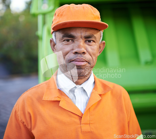 Image of Portrait, man and worker for garbage collection with truck for trash, outdoor and Cape Town. Black person, adult and employee with uniform for service in urban city, waste and pollution in dump site