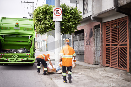 Image of Men, garbage truck and collection service in city for public environment with teamwork, recycling or waste management. Uniform, maintenance and dirt transportation in New York, sanitation or refuse