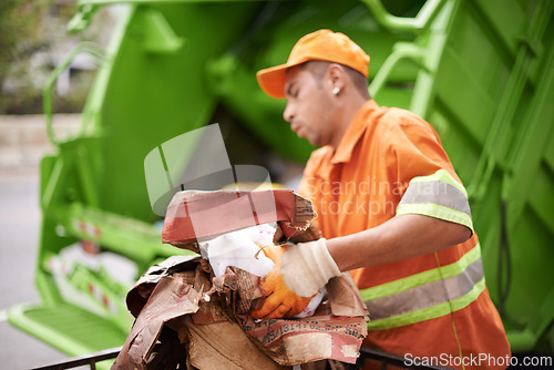 Image of Man, garbage truck and waste collection on street or recycling pollution for dirt management, cleaning or environment. Male person, trash and refuse transportation in New York, service or maintenance