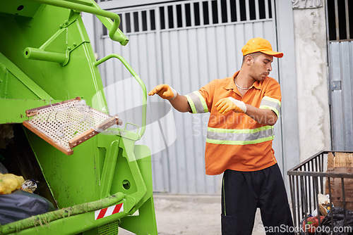 Image of Garbage truck, dirt and worker with collection service on street in city for public environment cleaning. Junk, recycling and man working with waste or trash for road sanitation with transport.