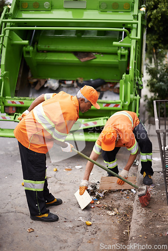 Image of Garbage truck, broom and men with collection service on street in city for public environment cleaning. Junk, recycling and male people working with waste or trash for road sanitation with transport.