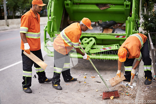 Image of Garbage truck, broom and people with collection service on street in city for public environment cleaning. Junk, recycling and men working with waste or trash for road sanitation with transport.