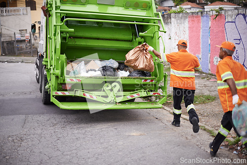 Image of Garbage truck, trash and men with collection service on street in city for public environment cleaning. Junk, recycling and male people working with waste or dirt for road sanitation with transport.
