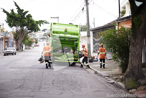 Image of Garbage truck, waste and men with collection service on street in city for public environment cleaning. Junk, recycling and male people working with dirt or trash for road sanitation with transport.