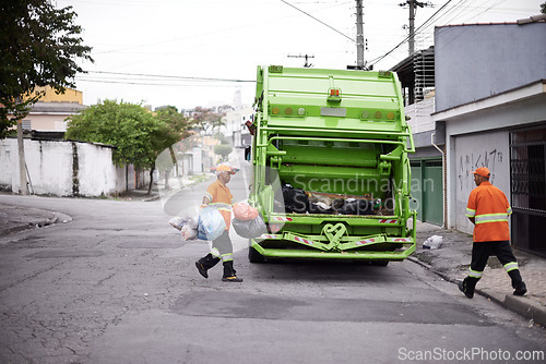 Image of Garbage truck, junk and men with collection service on street in city for public environment cleaning. Dirt, recycling and male people working with waste or trash for road sanitation with transport.