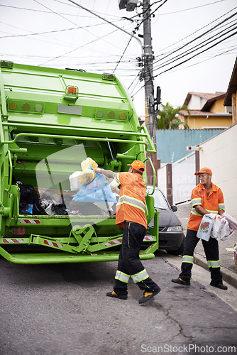 Image of Garbage truck, dirt and team with collection service on street in city for public environment cleaning. Junk, recycling and men working with waste or trash for road sanitation with transport.