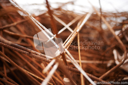 Image of Rust, metal and wire for recycling in landfill, scrapyard or junkyard with waste. Environment, iron and cable with disposal for construction, upcycling and conservation for industrial maintenance