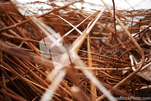 Image of Construction, rust and steel bar for recycling in landfill, scrapyard or junkyard with waste. Environment, industrial and metal with disposal for upcycling, conservation for industrial maintenance