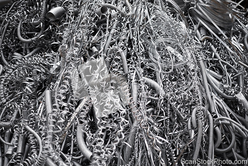 Image of Metal shaving, wire and abstract of material with scrap, manufacturing and industry maintenance. Design, aluminium and waste with texture for production, construction and recycling for environment