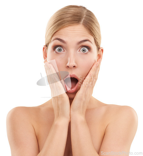 Image of Studio, portrait and beauty for surprised woman on white background, cosmetics and makeup for face of girl. Female person, shocked and expression for results of aesthetic, dermatology and treatment