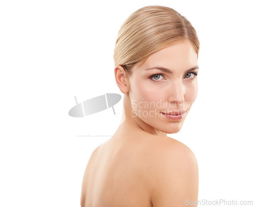 Image of Beauty, skincare and portrait of woman with wellness, confidence and facial glow in studio mockup. Dermatology, healthy skin and face of girl on white background with self care, makeup and cosmetics