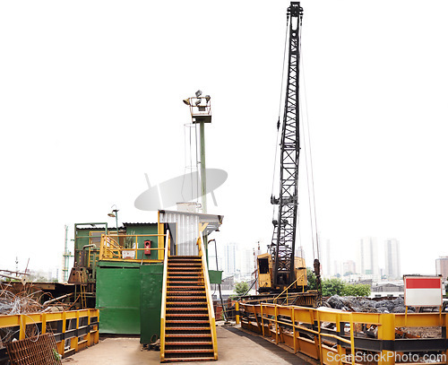 Image of Construction, industry and crane in junkyard for recycling, maintenance and pollution control. Building, machine and manufacturing concept in scrapyard for trash, upcycling and garbage disposal