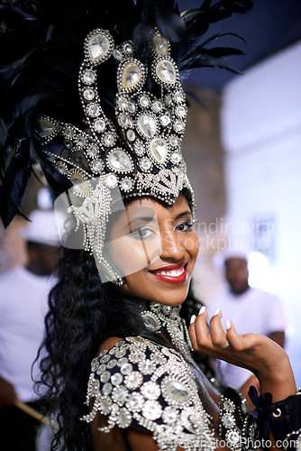 Image of Carnival, dancer and portrait of woman in costume for festival, celebration and holiday party. Festive, samba and person in masquerade outfit for performance, culture and concert in Rio de Janeiro