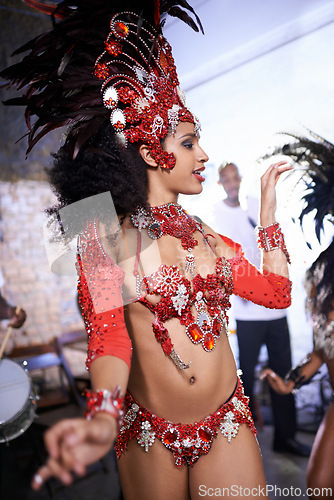 Image of Dance, performance and woman at carnival, festival and event in Brazil for summer celebration of culture. Samba, dancer and creative fashion salsa with energy to music or people at club or party