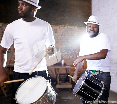 Image of Night, drum or black people in band for carnival playing an instrument in festival in Rio de Janeiro. Brazil, show or group of male artists banging to create a beat in fun party or music performance