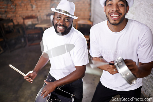 Image of Happy, band and music on drums for carnival, festival or creative performance at party in Brazil. Night, club and portrait of musician with instrument for playing samba or salsa beat with rhythm