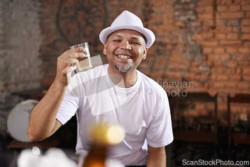 Image of Smile, restaurant and portrait of man with beer for celebration, cheers and toast to weekend. Black person, glass and alcohol with happiness for pub, drink and enjoyment on vacation in Las Vegas