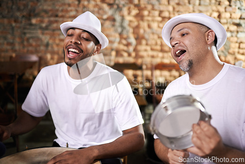 Image of Happy, band and music on drums for carnival, festival or creative performance at party in Brazil. Night, club and musician singing with instrument for playing samba or salsa beat with rhythm