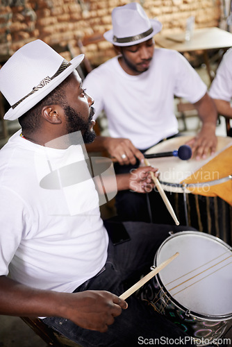 Image of Group, band and music on drums for carnival, festival or creative performance at party in Brazil. Night, club and musicians with instrument for playing samba, salsa beat and rhythm in Rio de Janeiro