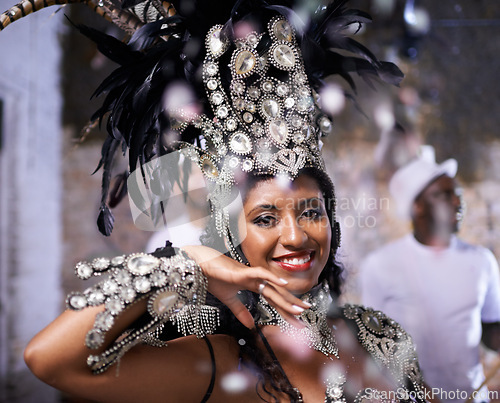 Image of Carnival, dancer and portrait of woman at festival, event or samba in Brazil for summer celebration of culture. Salsa, dancer and creative fashion with happiness from music or people at club or party