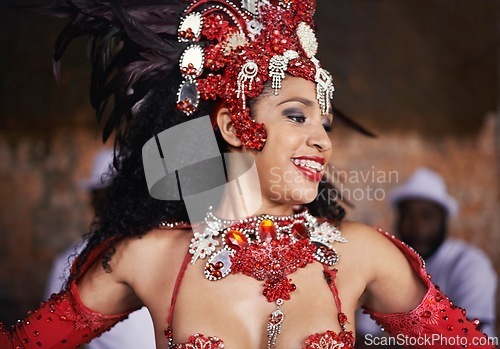 Image of Dancer, carnival and girl with band, happy and pride for culture with group for music performance in night. Woman, men and people dancing at event, party or celebration for energy in Rio de Janeiro