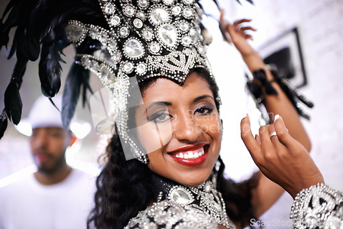 Image of Portrait, dance and woman at carnival with costume for celebration, music and happy band performance in Brazil. Culture, party and girl in festival, parade or samba show in Rio de Janeiro with smile.