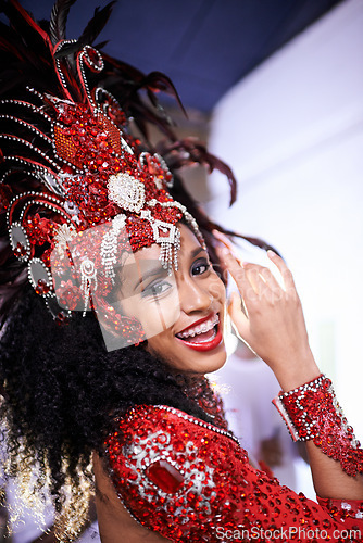 Image of Samba, portrait and woman at carnival with costume for celebration, music and happy band performance in Brazil. Culture, dance party and girl at festival, parade or show in Rio de Janeiro with smile.