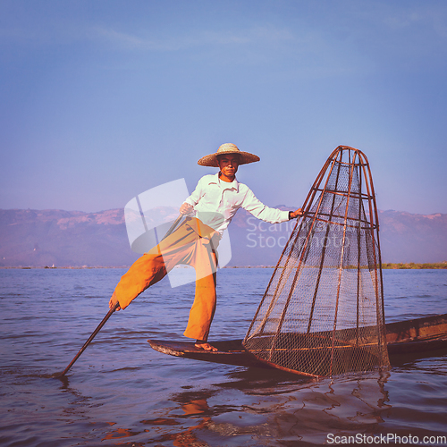 Image of Traditional Burmese fisherman at Inle lake Myanmar