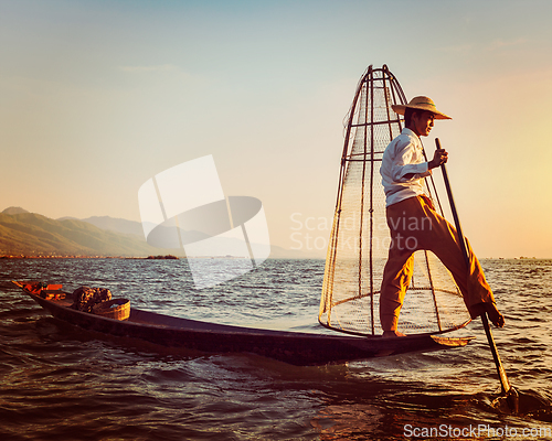 Image of Traditional Burmese fisherman at Inle lake Myanmar