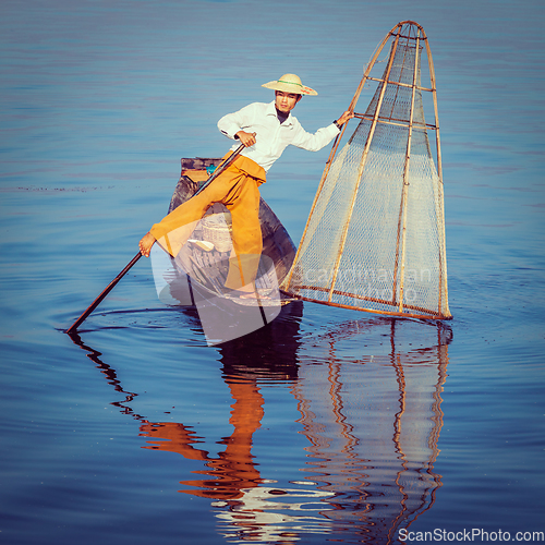 Image of Traditional Burmese fisherman at Inle lake Myanmar