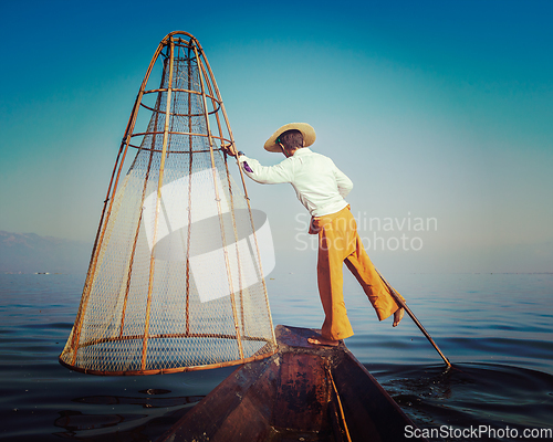 Image of Traditional Burmese fisherman at Inle lake Myanmar