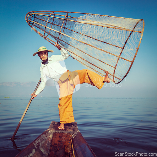 Image of Traditional Burmese fisherman at Inle lake Myanmar