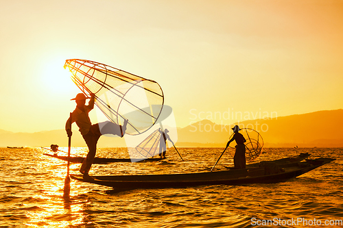 Image of Traditional Burmese fisherman at Inle lake Myanmar