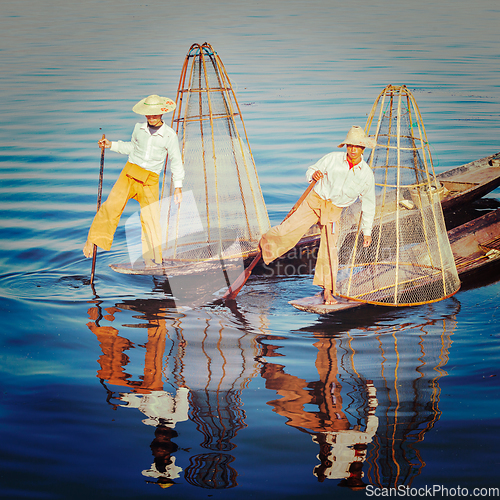 Image of Traditional Burmese fisherman at Inle lake Myanmar