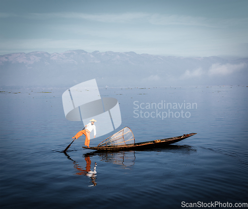 Image of Traditional Burmese fisherman at Inle lake, Myanmar