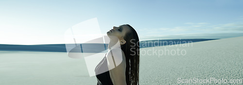 Image of Woman, fashion and dune in desert for aesthetic with edgy style, dress or mystery in nature sunshine. Girl, person and model with thinking on sand, hill or profile by horizon with memory in summer