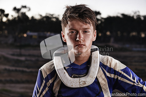 Image of Sports, mud and portrait of man biker on offroad in gear for race, challenge or competition. Serious, adventure and face of male athlete motorcyclist with dirt at action motorcross rally outdoor.