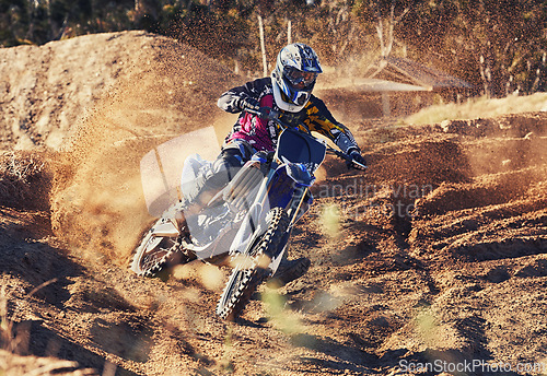 Image of Person, dirt track and professional motorcyclist on bike for extreme sports, competition or outdoor race. Expert rider on motorbike or scrambler for sand course, challenge or off road rally in nature