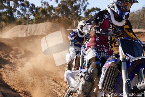 Image of People, race and professional motorcyclist with dirt bike for extreme sports or outdoor competition. Expert rider, friends or team on motorbike, training or sand course for off road rally challenge